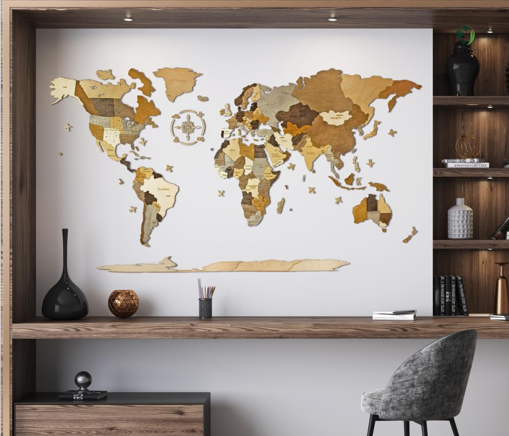 Natura Products Drewniane puzzle 3D, mapa świata – dekoracja ścienna z drewna z kompasem – [małe, 130 x 70 cm, duże 200 x 110 cm) (200 x 110 cm)