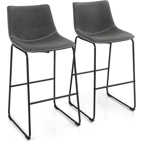 ALPHA HOME 30 Inches Bar Stools Set of 2 Bar Chair Vintage Leathaire Bar Height Stools Pub Kitchen Stools Chairs, Dining Room Furniture 350 lbs Capacity,Dark Grey