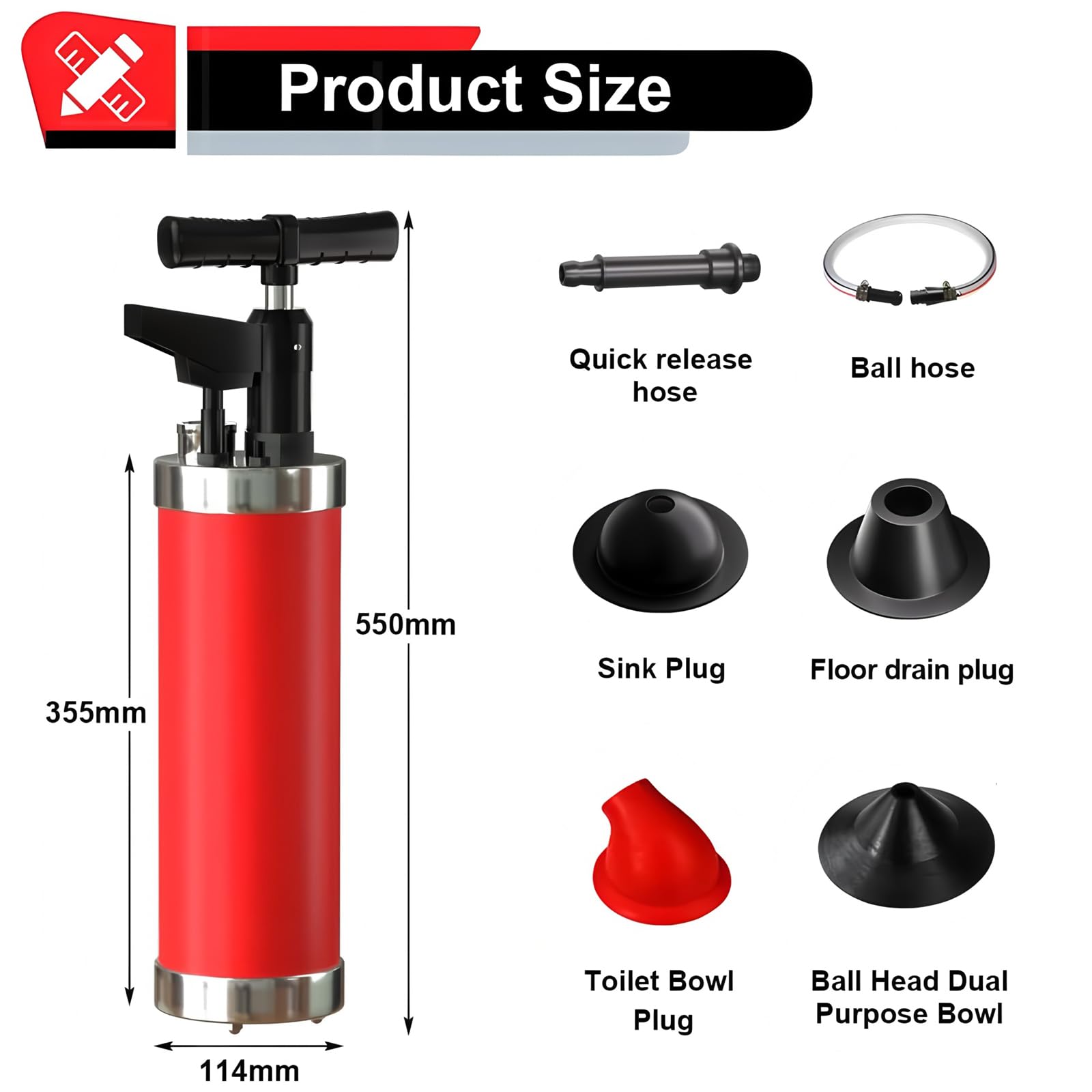 Déboucheur de Toilette à Air Comprimé avec Manomètre Visuel, Déboucheur à Pompe Haute Pression avec 4 Ventouses, Déboucheur WC Piston de Toilette avec Connectez Le Tube