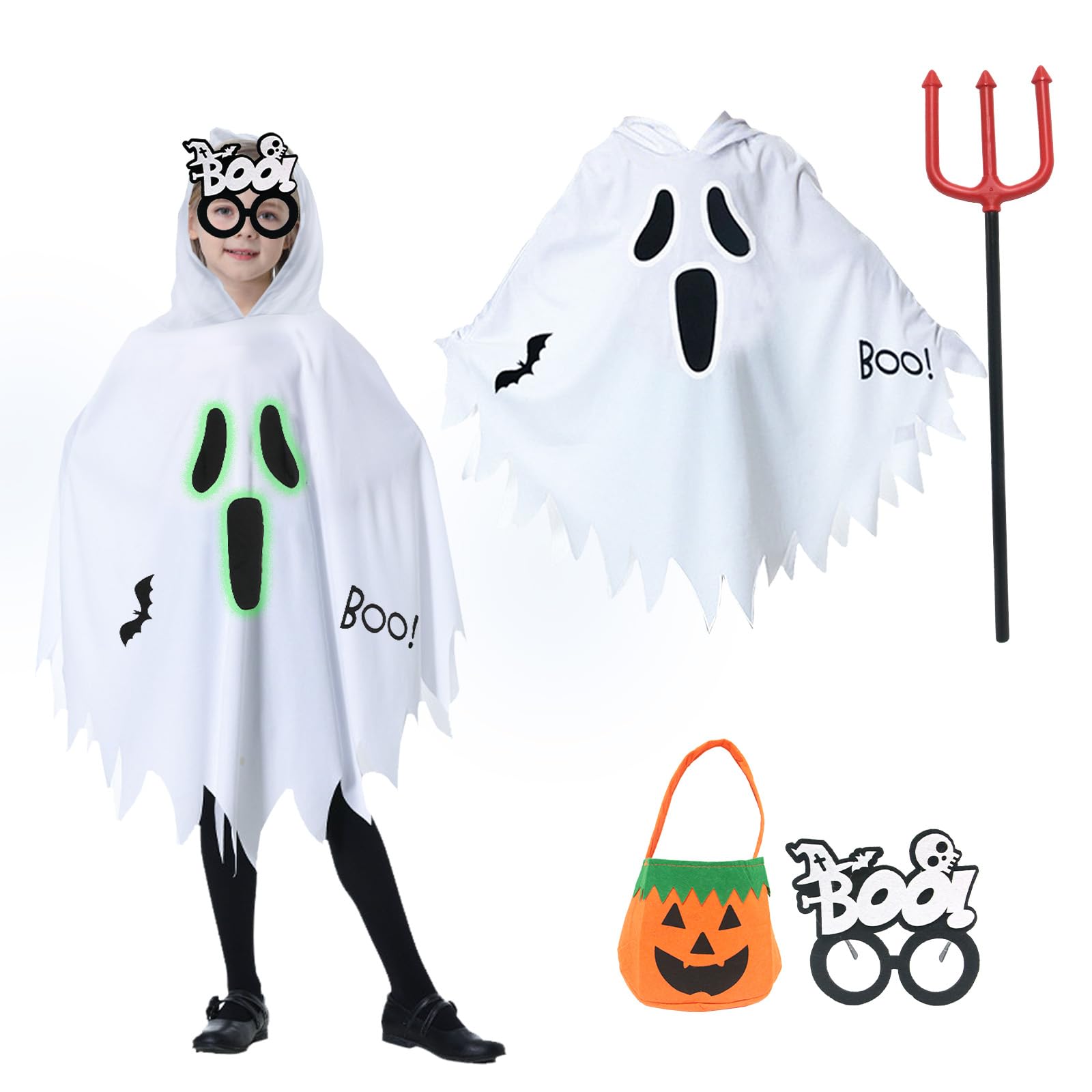 Celebration Directre 4PCS Ghost Halloween Costumes for Kids Glow in the Dark Ghost Face Outfit White Cloak Hooded Pumpkin Bags Skeleton Glasses Devil Pitchfork for Trick-or-Treating Party