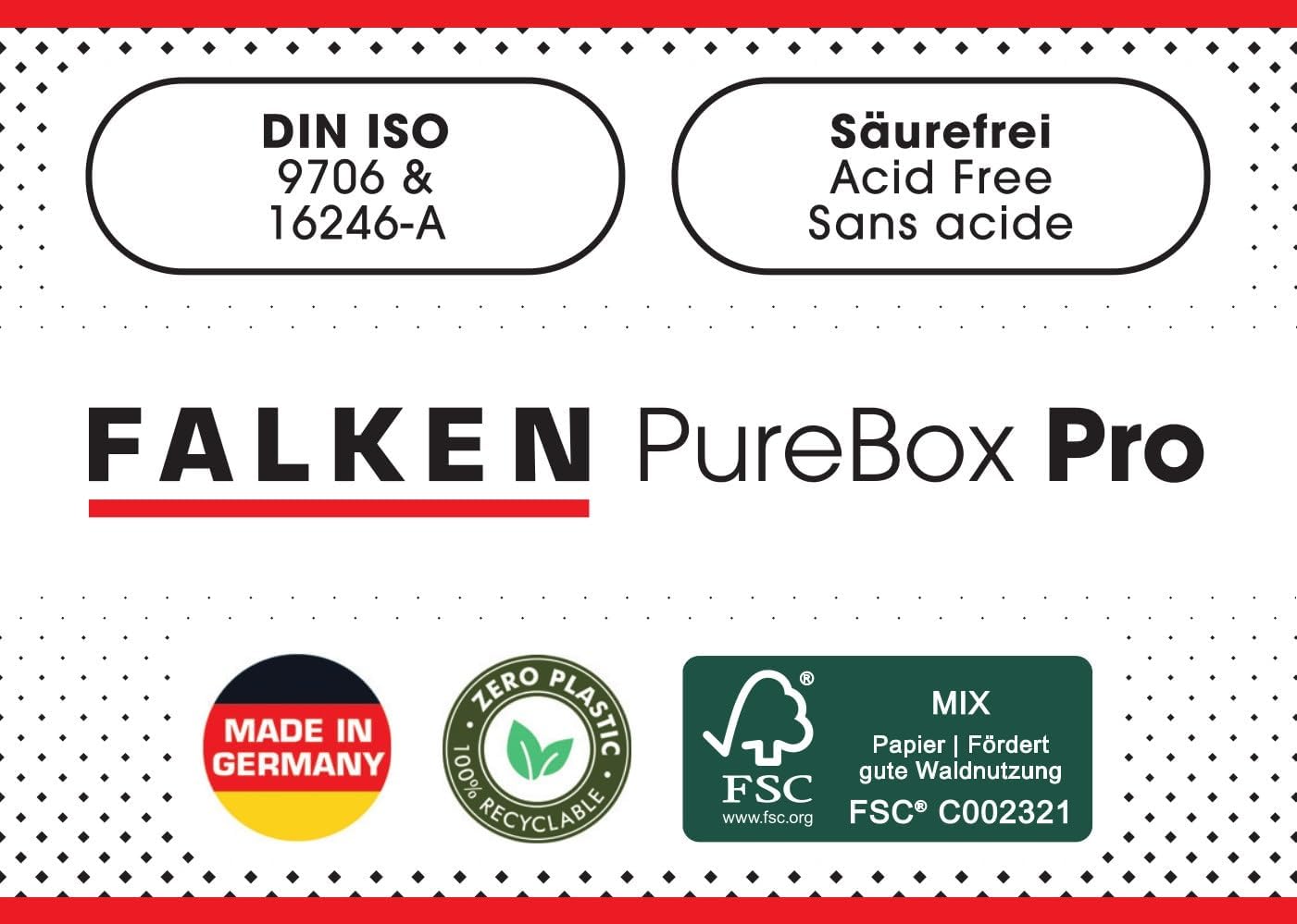 FALKEN Original PureBox Pro. Made in Germany, 100 mm high, DIN A4, DIN ISO 9706, DIN ISO 16245-A. Acid-free and ageing resistant storage box with lid, suitable for archiving box