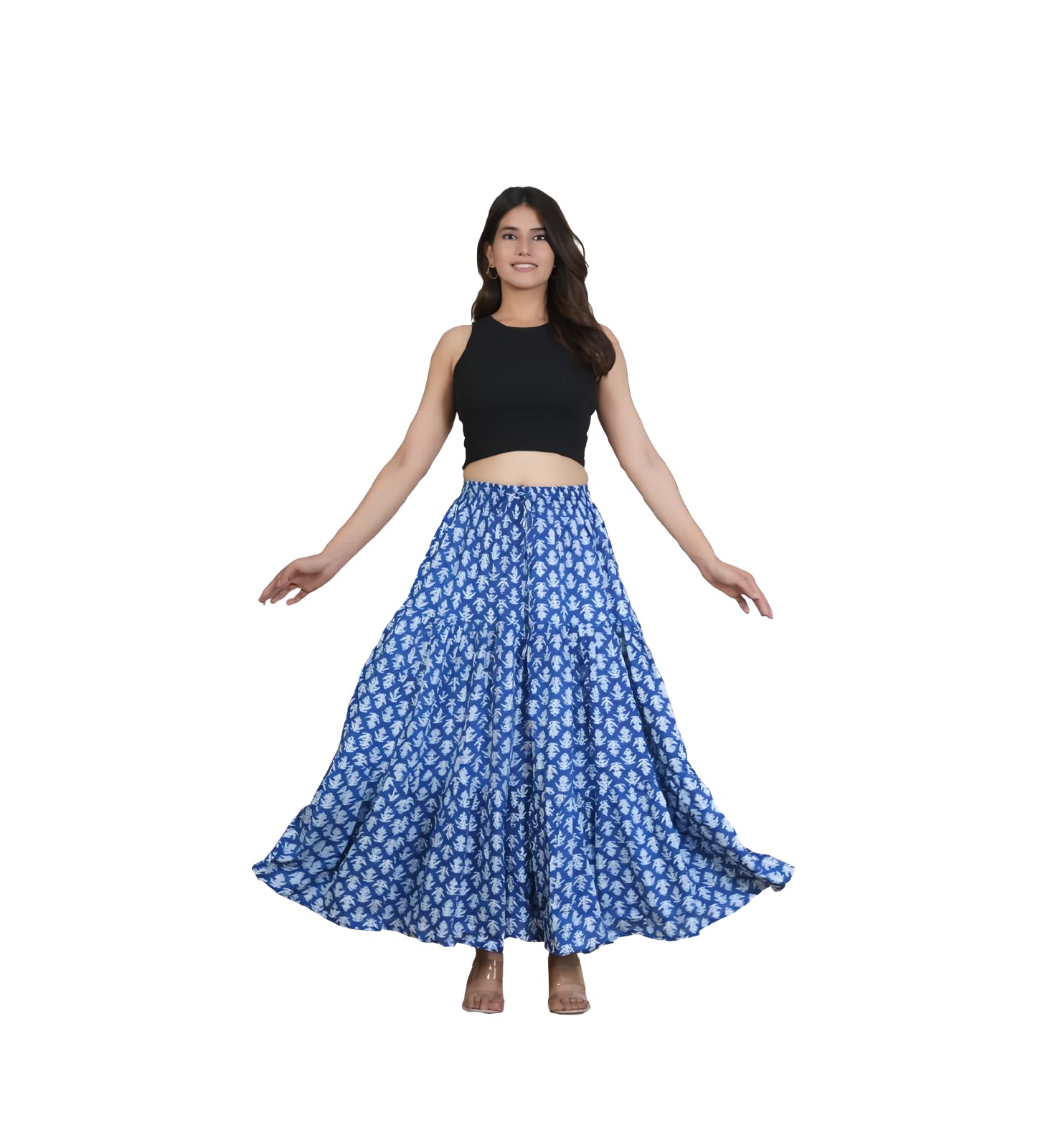 Women's Blue Floral Block Print Maxi Skirt, Elastic Waist, Flared Tiered Style-image-30
