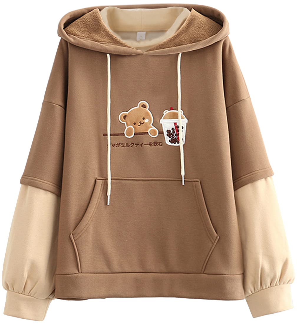 Women Cute Hoodie Girl Cartoon Bear Embroidery Long Sleeve Hoodie