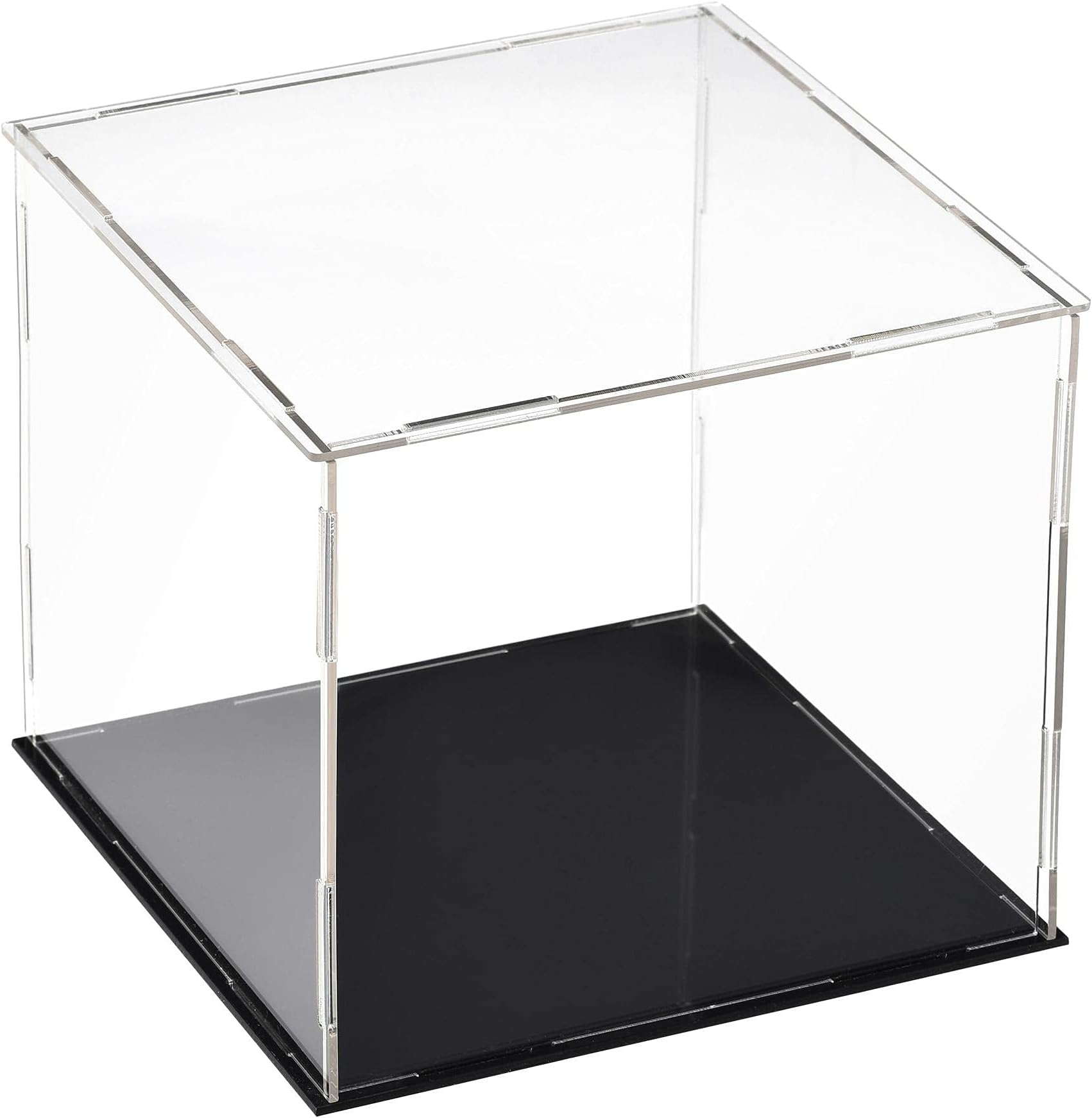 TA-VIGOR Acrylic Clear Display Case, 20 x 20 x 20cm Assemble Countertop Box Cube Organizer Stand Dustproof Protection Showcase with Black Base for Action Figures Toys Collectibles Home Storage