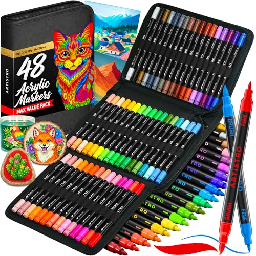 Image of ARTISTRO Acrylic Paint Pens With Storage Bag for Calligraphy - Markers With Brush and Fine Precision Tips - Multisurface Painting for Fabric, Rock, Glass, and More