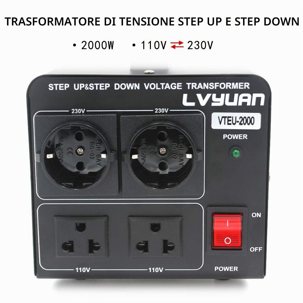 Cantonape Convertitore di tensione 2000 VA 220 V/110 V - Trasformatore elevatore/riduttore di tensione da 2000 W USA - Uscita 110/120 Volt 220/230 Volt AC