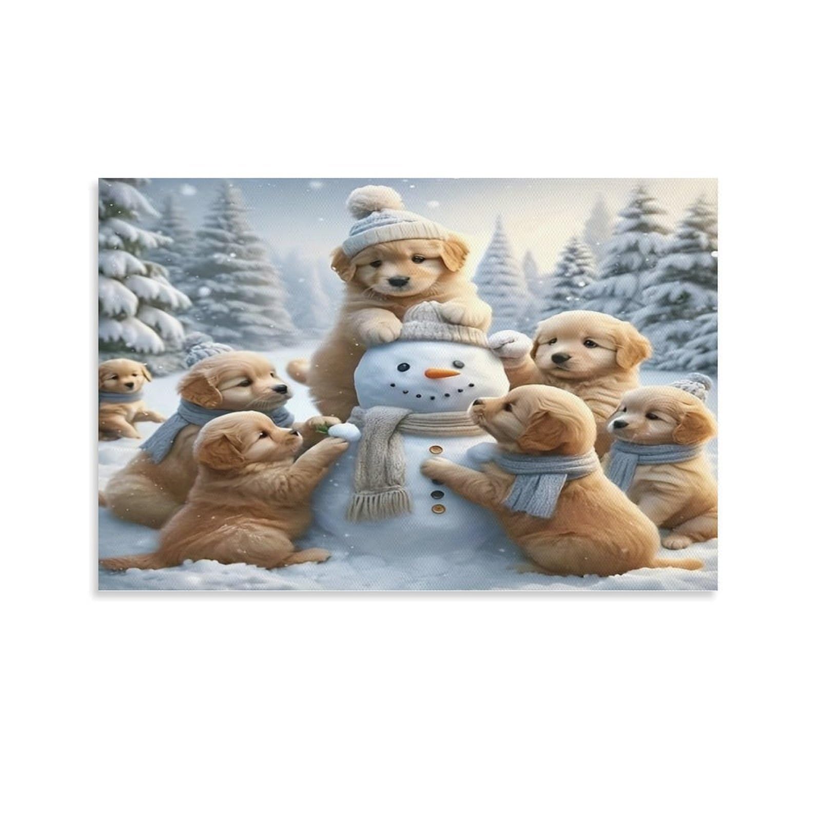 CPLVKWRQJ Snowy Puppies Fun Individual Golden Puppies Build Cute Snowman Outdoors Wall Art Decor - Office Wall Focal Art Multi-Purpose Fade Resistant Decor 08x12inch(20x30cm)