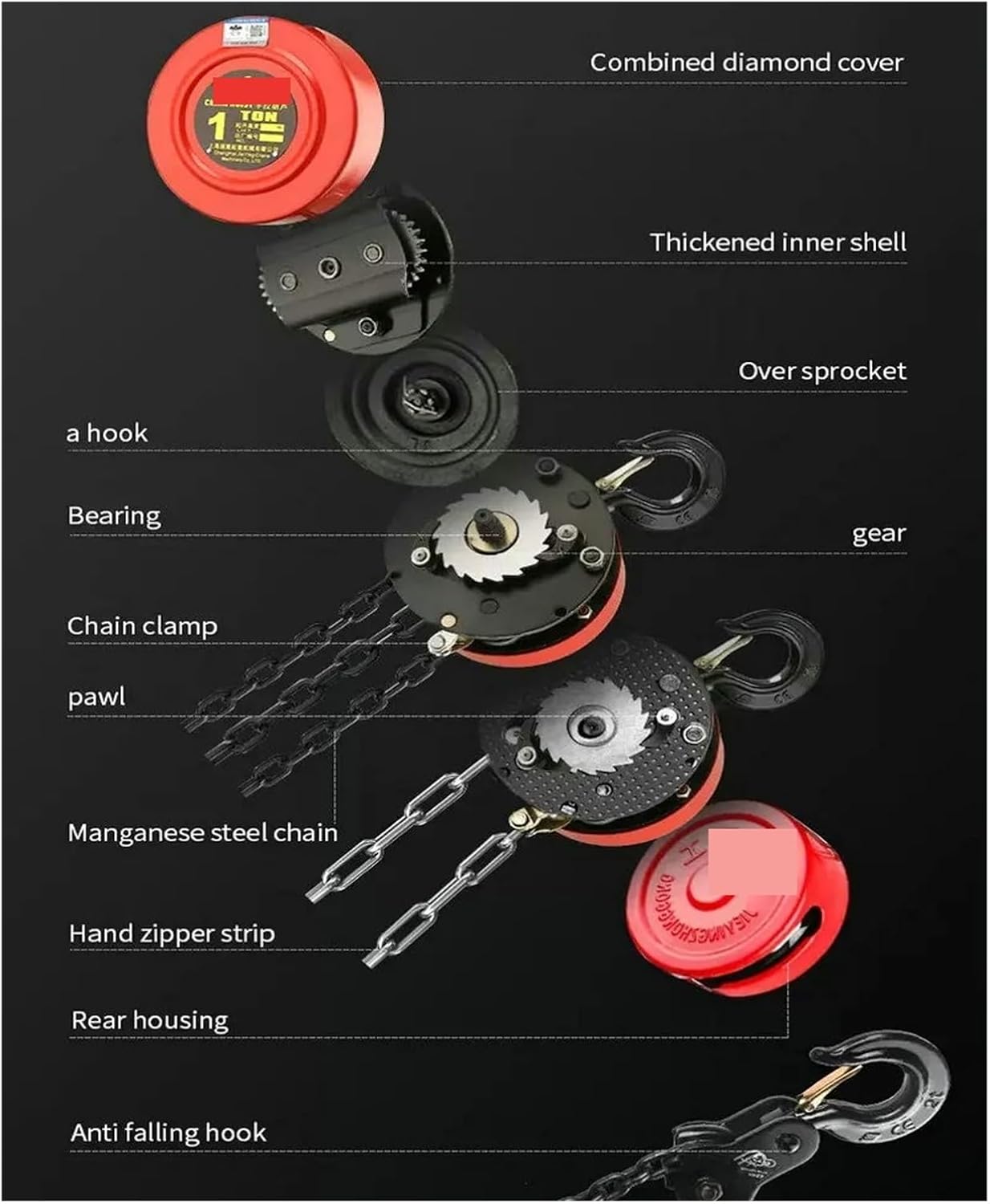Hand Winch Boat Winch, Type 1-10 Ton 1.5-9 Meters Manual Ratchet Winch, Lifting Crane Block Hand Chain Hoist for Trailer, Boat or ATV Towing(Black 1 Ton,9M)
