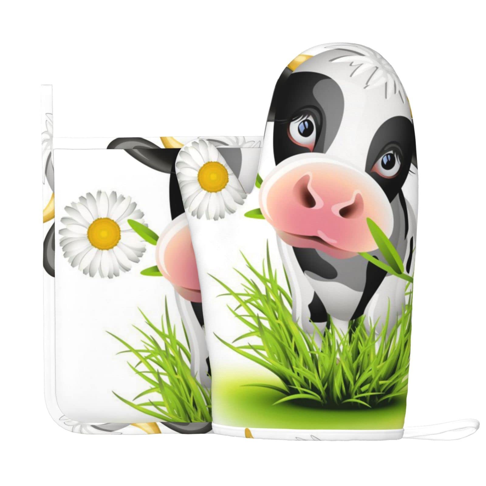 Cute Cow Oven Mitts Pot Holders Set Heat-Resistant Cooking Kitchen Gloves for Kitchen Cooking,Baking and Outdoor BBQ
