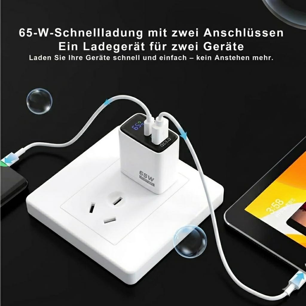 ładowarka USB C 65 W, 2-portowe ładowarki GaN z wyświetlaczem LED, PPS i PD do iPhone 17/16/15, MacBook, iPad, Samsung, telefonów komórkowych i laptopów
