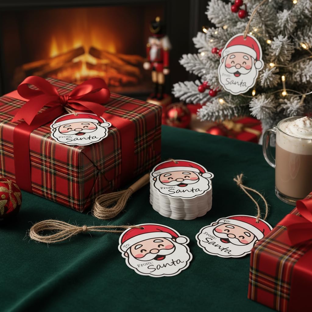 100 Pcs Cute Christmas Gift Tags - Cartoon Santa Claus Style Xmas Craft Labels with Rope for DIY Holiday Presents, Party Decorations - Image 4