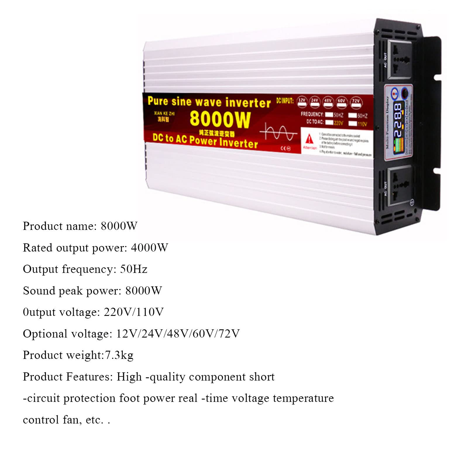 Falownik 6000W,8000W,10000W,12000W przetwornice samochodowe 12V/24V/48V/60V/72V DC na 110V/120VAC konwerter z podwójnym gniazdkiem AC,do awaryjnego układu słonecznego samochodu RV,8000W-12VTO110V