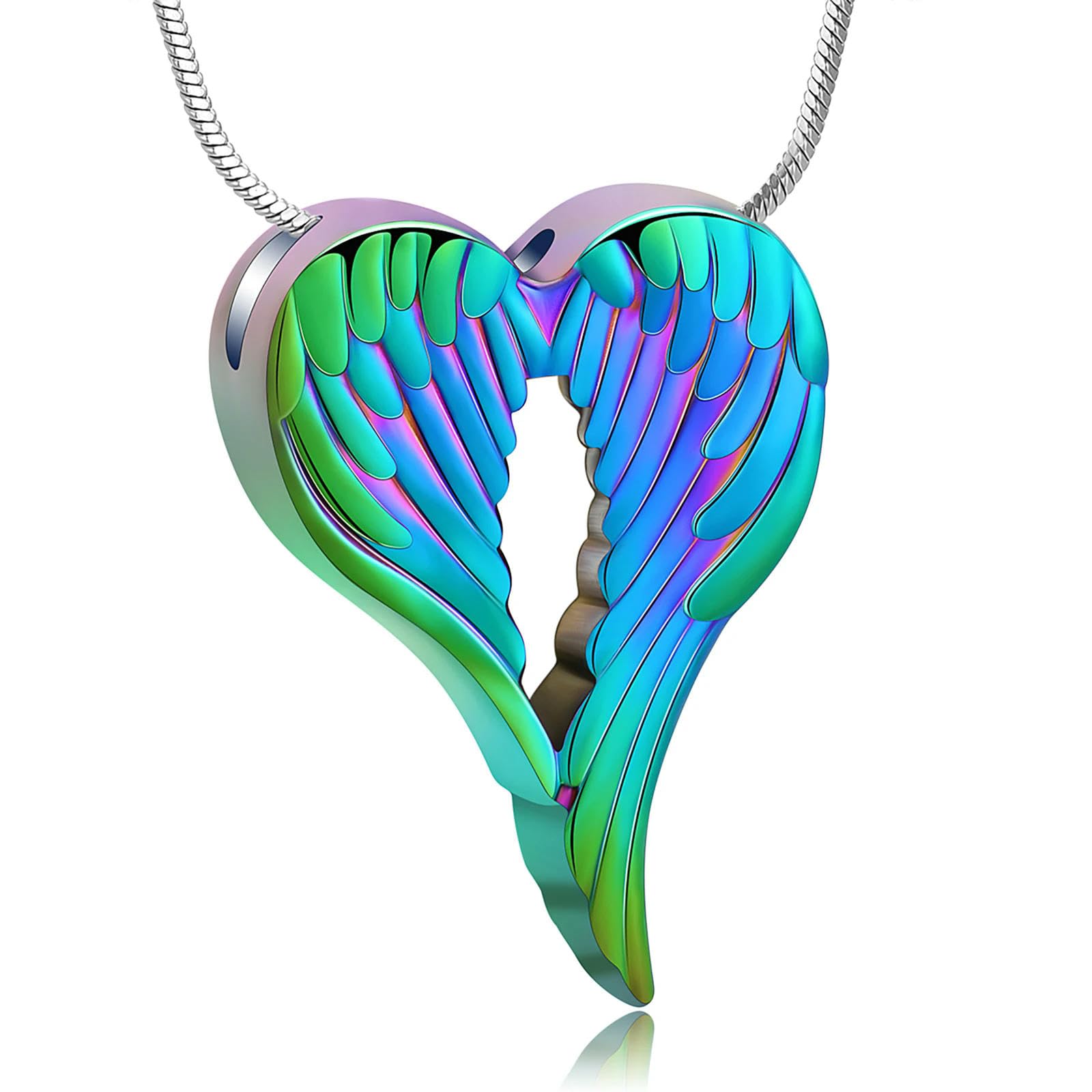 Pendentif pour cendres en forme de cœur ailes d'ange collier commémoratif acier inoxydable mixte