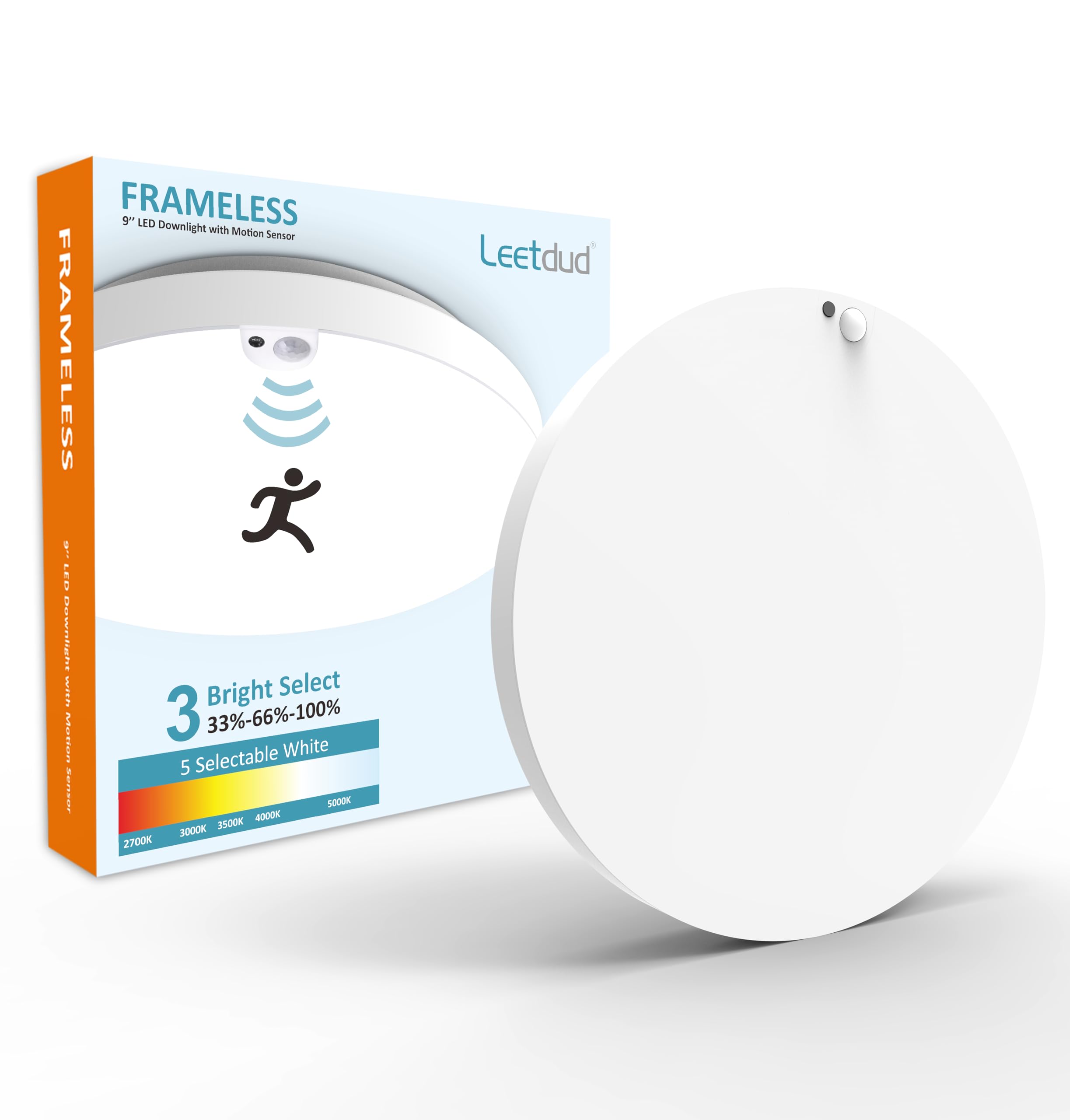 Leetdud Lámpara de techo con sensor de movimiento con cable, 22,8 cm, 18 W, 5 CCT 2700/3000/3500/4000/5000 K, 3 niveles de brillo ajustables, 1550 lm, luces LED empotradas para escaleras, pasillos
