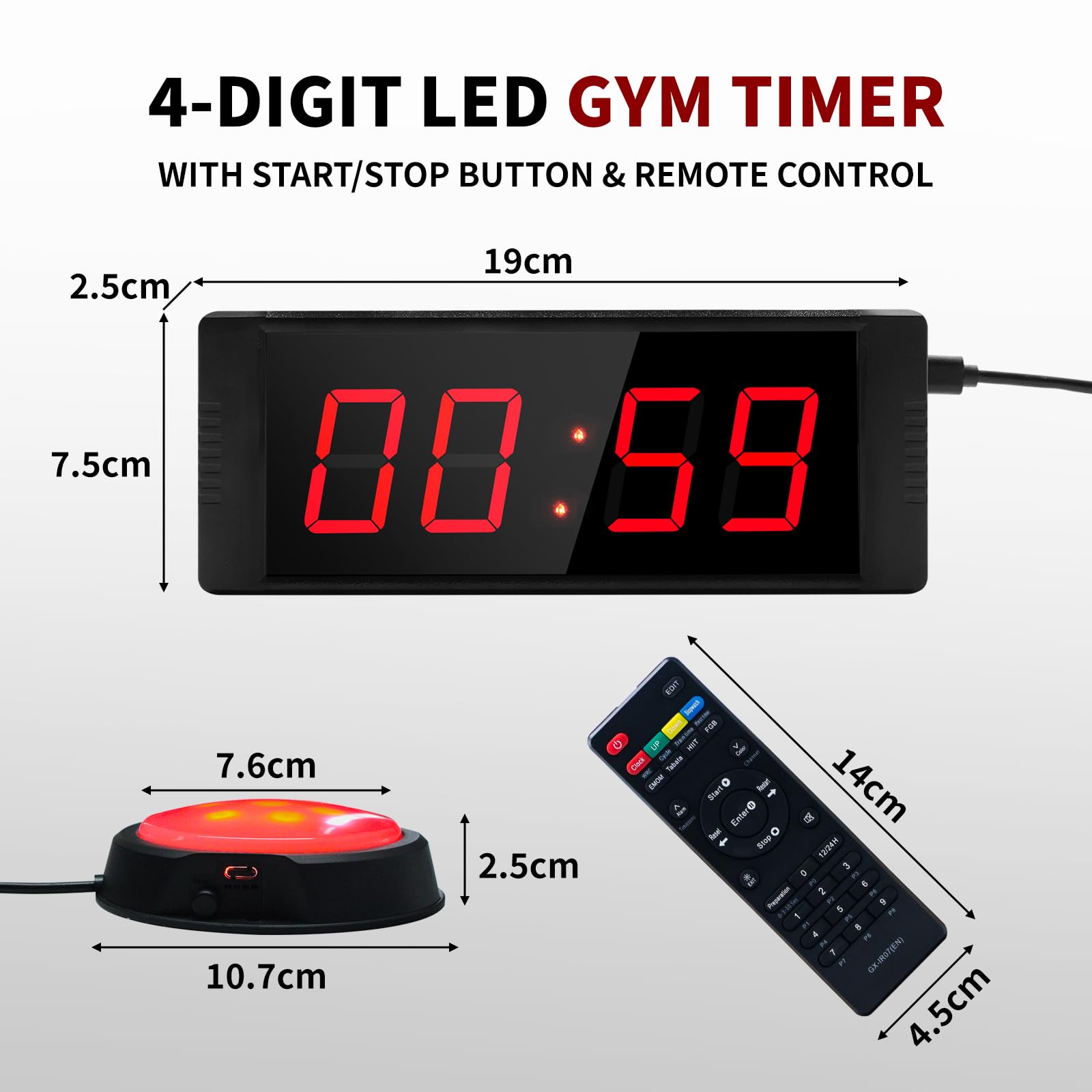 Temporizador de gimnasio, temporizador de cuenta atrás con botón de inicio/parada, cronómetro digital portátil con mando a distancia, temporizador de intervalos, reloj LED grande de 12/24 horas para
