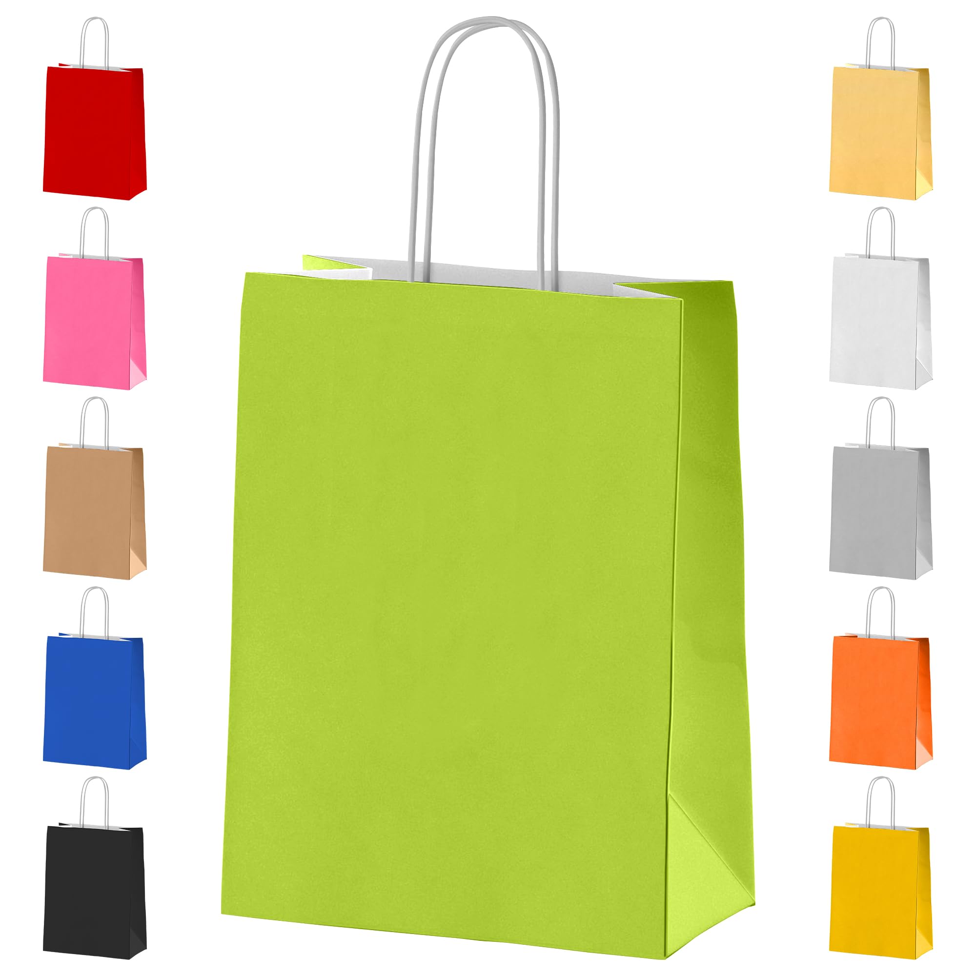 Paper Party Bags with Handles - Green 10x Small Colourful Carrier Goody Bags for Adults & Kids Parties, Weddings, Birthdays, Baby Showers & Xmas - 18x22x8cm