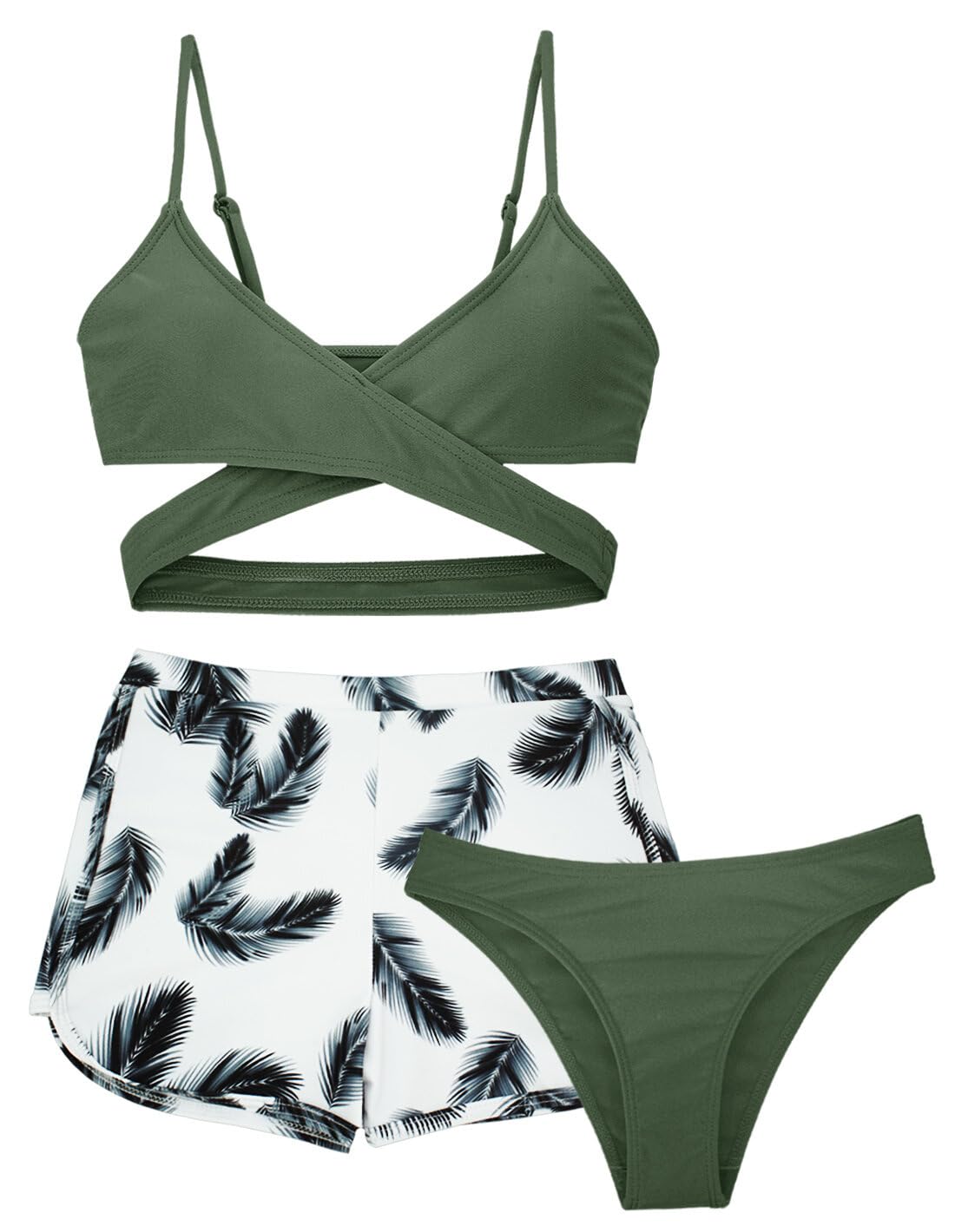 SEAUR Maillot de Bain Fille Ensemble de Bikinis Haut + Slip + Short de Bain 3 Pièces Enfants Fille 8-14 Ans Swimwear Set Natation Plage