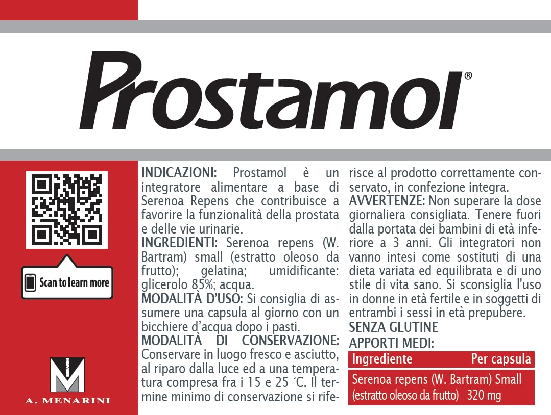 Prostamol 60 Capsule Molli - Integratore Alimentare a base di Serenoa repens (320 mg) per la Funzionalità della Prostata e delle Vie Urinarie. Senza Glutine.