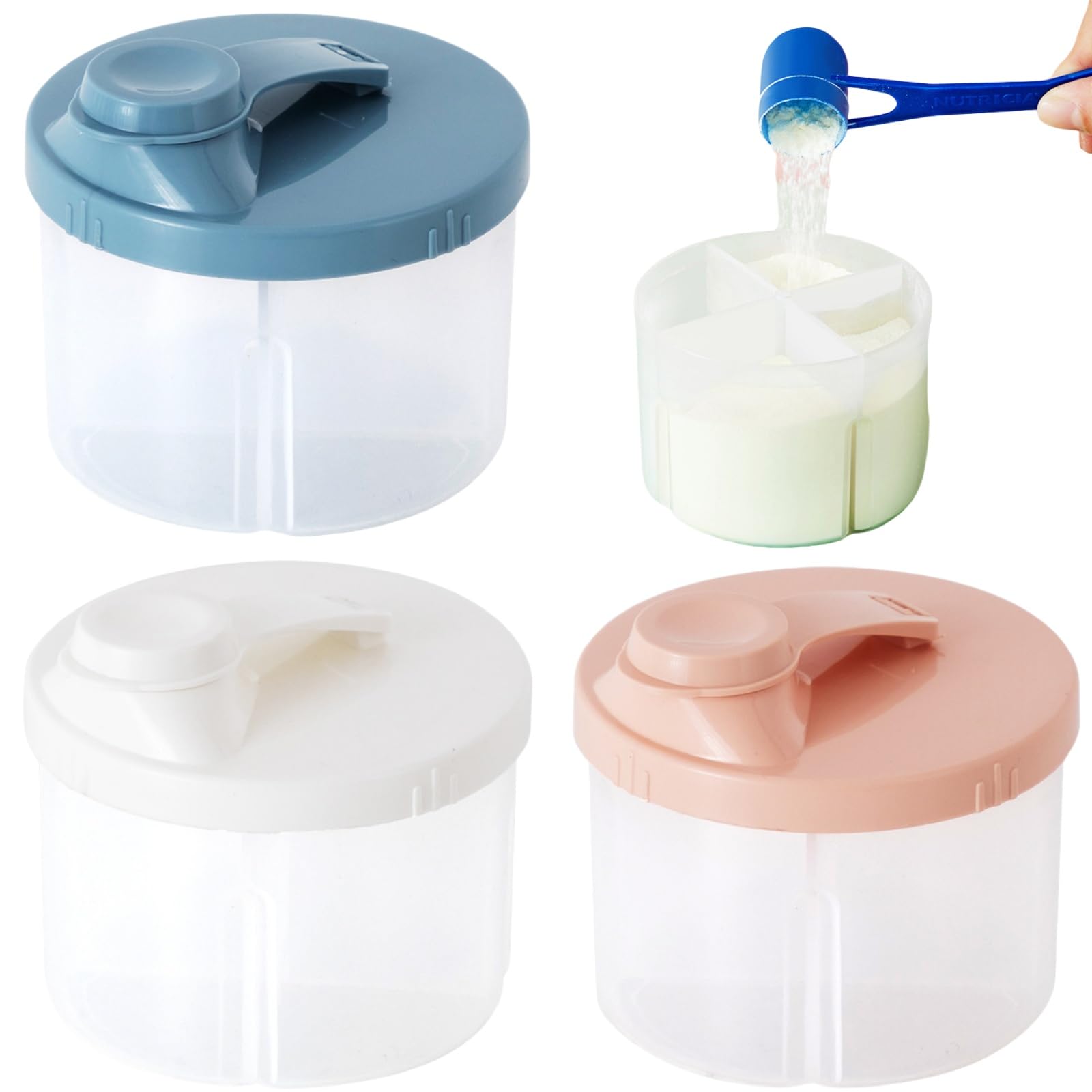 Dosificador de Leche en Polvo,3pcs Dispensador Leche en Polvo Bebé,Dosificador Leche en Polvo con Cuchara,Dosificador de Leche en Polvo y Cereales con 4 Compartimentos
