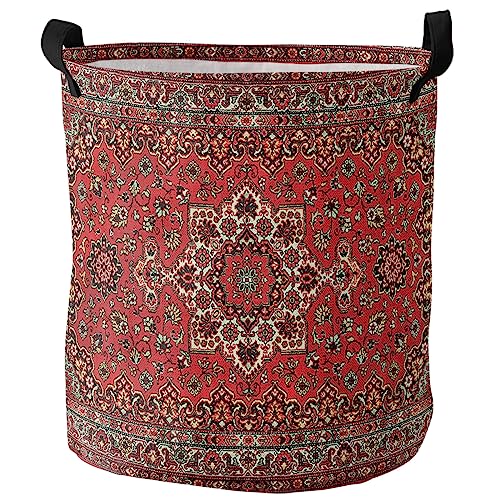 Abstract Red Laundry Basket,Collapsible Bag with Easy Carry Handles,Small Waterproof Foldable Freestanding Hamper,Folding Bin Clothes Storage Round Vintage Distressed Traditional Oriental Boho Tribal
