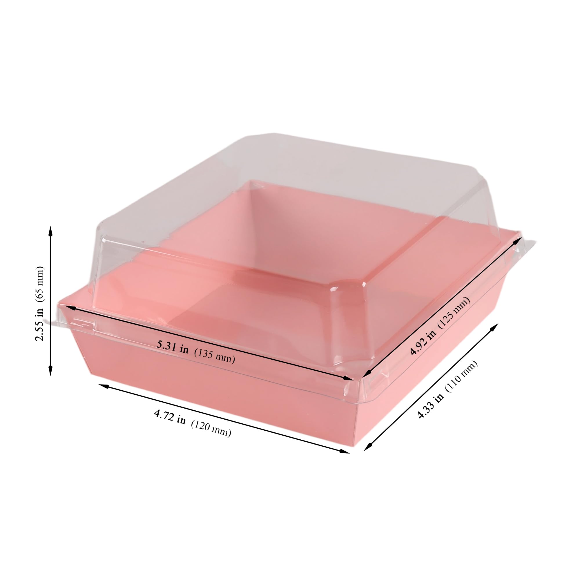 100 scatole quadrate in carta kraft rosa da 13,5 x 12,5 x 6 cm, con coperchio in plastica trasparente, contenitori per dessert, cupcake, panini, biscotti