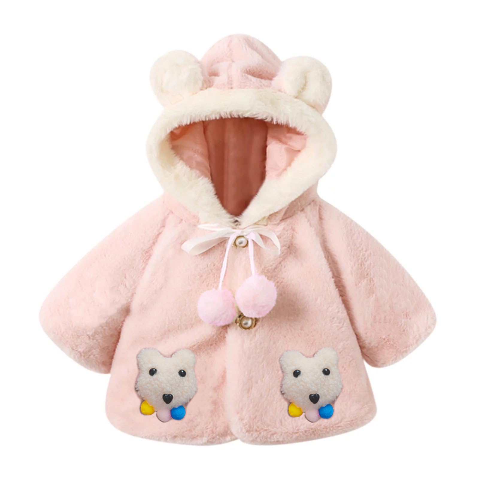 Bold N Elegant Girl's Soft Furry Warm Winter Hooded Party Poncho Jacket Standard Length Coat with 3D Plush Toy Bear Patch (Light Pink, 6-12 Months) 2