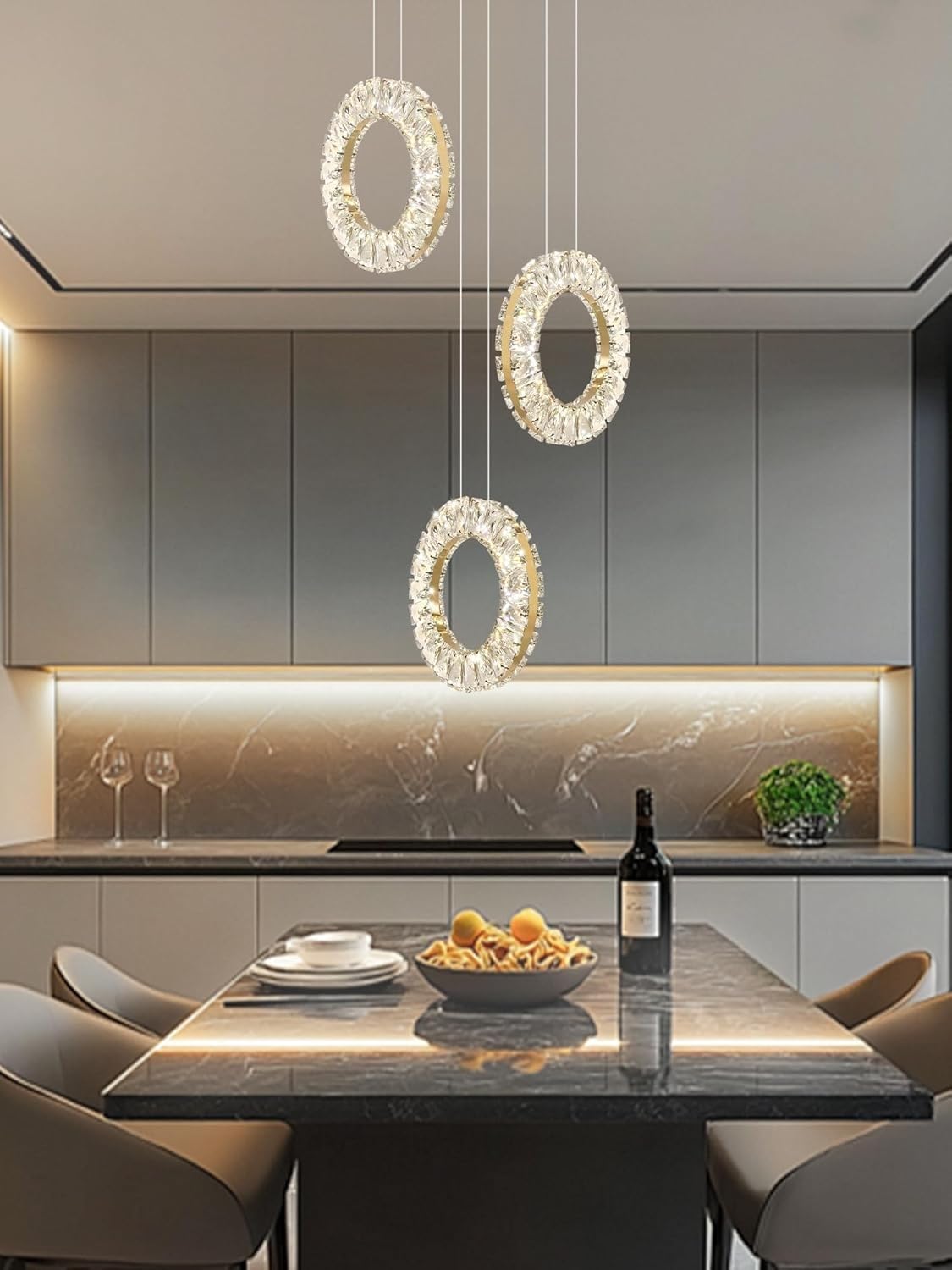 Stesulfr Crystal Chandelier LED Modern Interior Decorative Lighting Fixtures Kitchen Island Hanging Lamp Gold Round Lights Dining Room Foyer Entrance Corridor Pendant Light with Remote Control(Gold-3