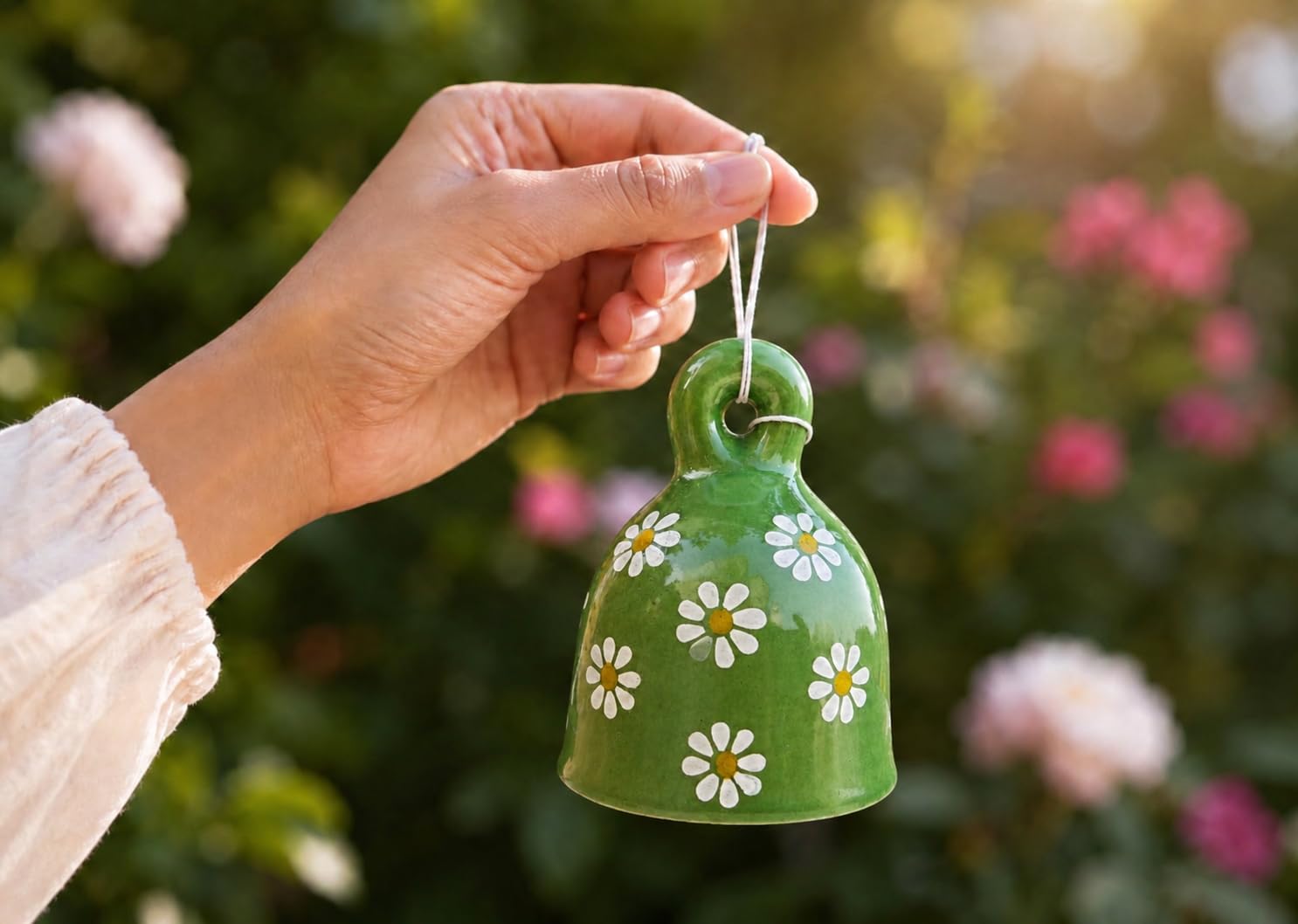 Hand-Painted Ceramic Hanging Bell (Pack of 1) | 4 Inch Decorative Bell | Handmade Ceramic Door Hanging | Home, Balcony, Garden & Temple Décor | Floral Green Design-image-8