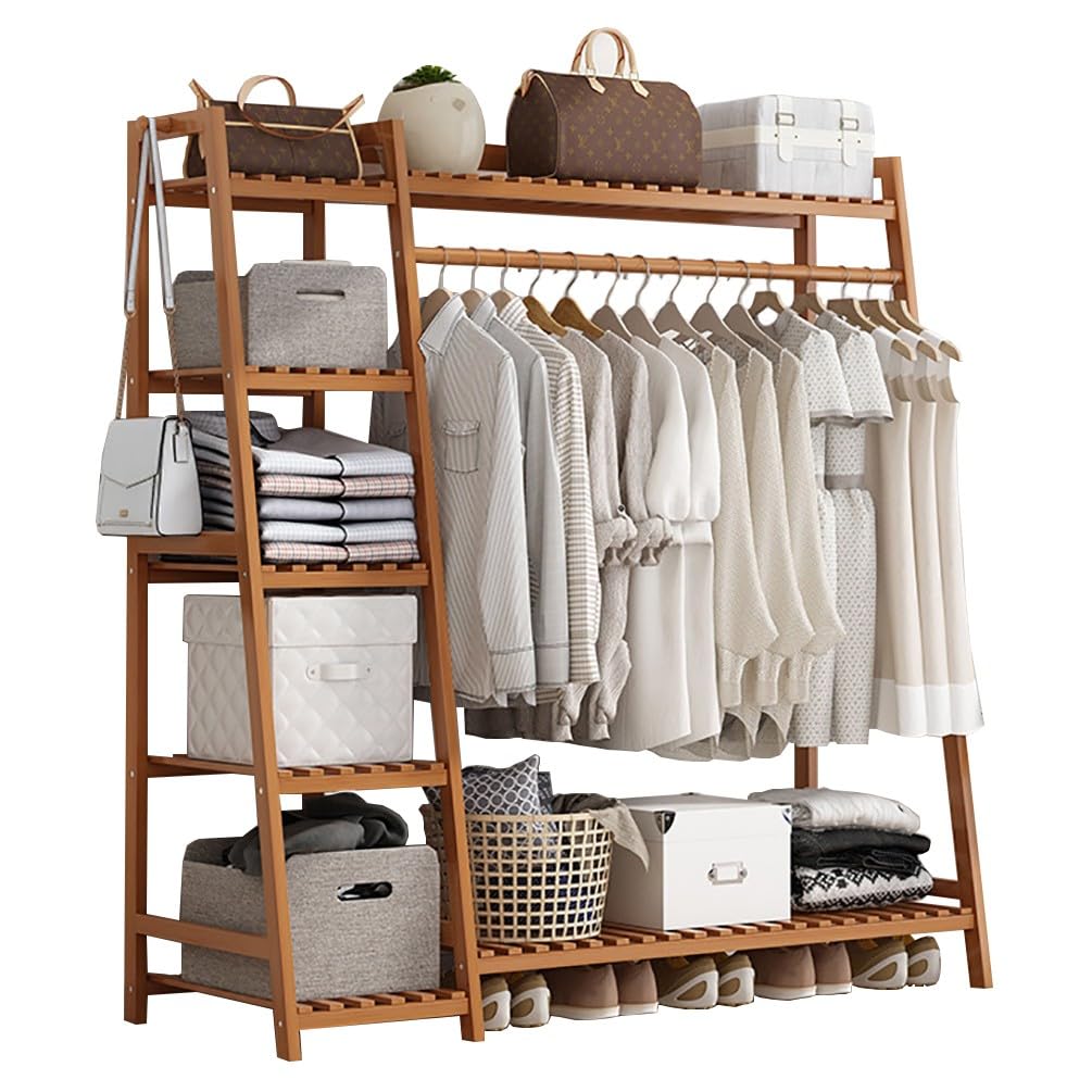 Organizer per guardaroba in bambù, soluzione elastica per vestiti e scarpe, design salvaspazio, 130 x 40 x 140 cm, ecologico, per camera da letto e corridoio