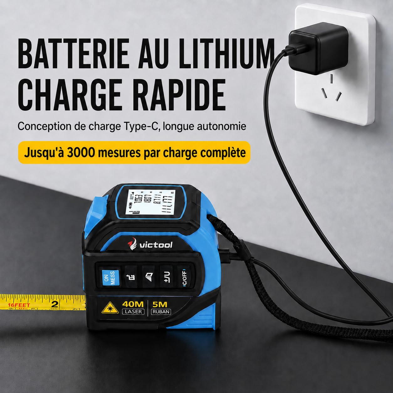 Ruban à Mesurer Laser 4 en 1, 40m Telemetre Laser + 5m Metre Ruban, 16m Ligne Croisée et Trépied, Grand Écran LCD (m/ft/in), pour Bricolage, BTP, Professionnels