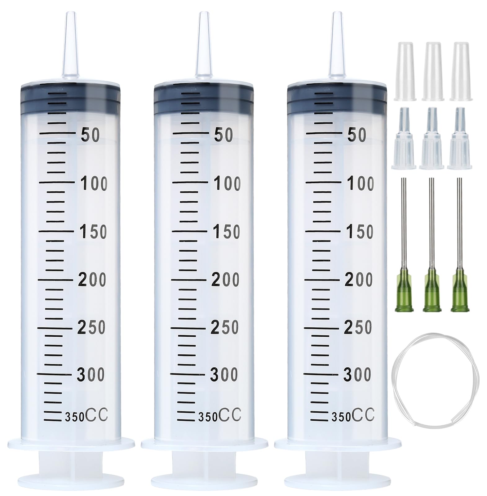 3 Pack 350ml Syringes with 55.1 Inch Tube and Needle 14G 1.5”, Sterile Syringe Individually Packaged for Labs, Liquid Measuring, Feeding Pets,Oil or