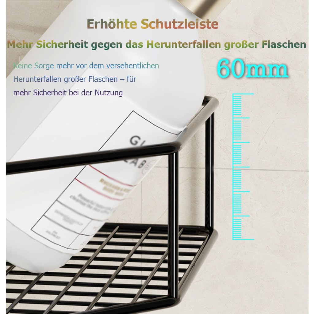 Mensola Doccia Senza Trapano in Metallo, mensola angolare da Parete a Triangolo, organizzatore per Bagno per Cosmetici e Prodotti di Cura, mensola per Bagno, Cucina, Toilette,Nero
