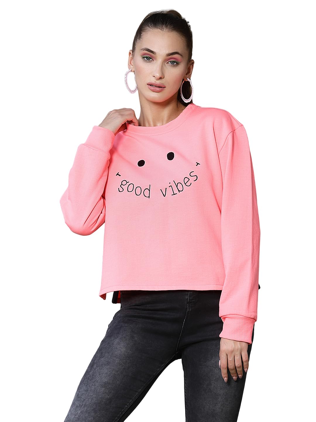 PoshBery Neon Pink Embroidered with Side Slit Sweatshirt PoshBery Neon Pink Embroidered with Side Slit Sweatshirt