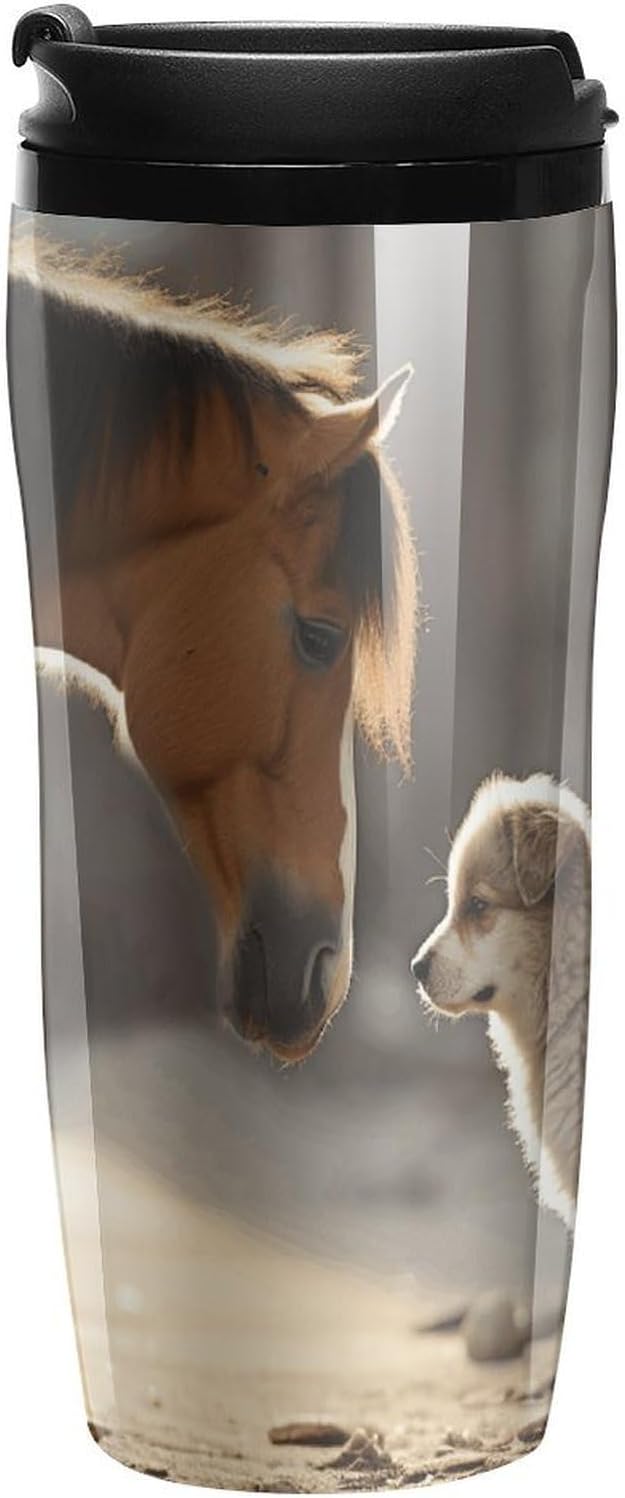 Cute Dog And Horse Coffee Cup Reusable Portable Water Bottle with Double-Walled Plastic,Coffee Mug for Hot & Cold Drinks, Cup Holder Friendly 350ml