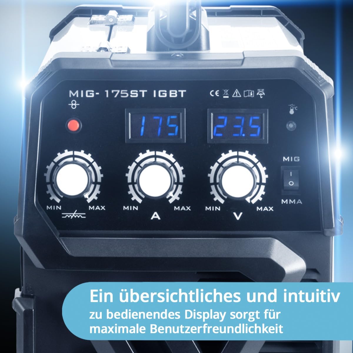 Close-up of the intuitive control panel of the STAHLWERK MIG MAG 175 ST IGBT welding machine, showing digital displays for current and voltage, and adjustment knobs.