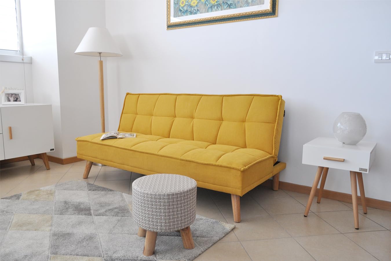 SAMIRA Divano letto clic clac in tessuto vellutato giallo, divano 3 posti mod. Bart
