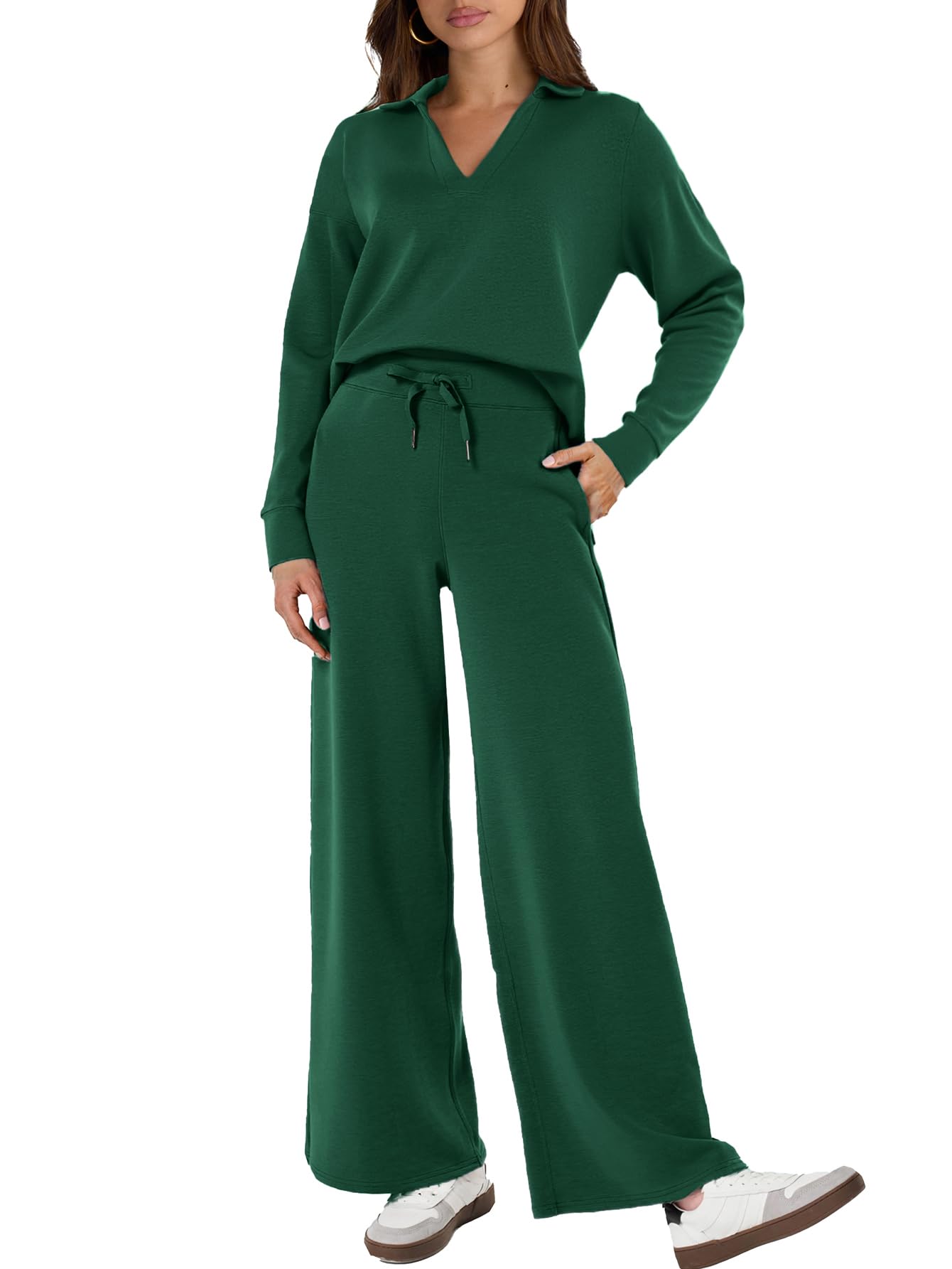 Glamaker Women's 2 Piece Sets Outfits Casual Long Sleeve Sweatsuits Polo Top and Wide Leg Pants Matching Sets