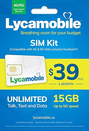 USA Prepaid SIM Card LYCA $39 Plan 15GB Datos en Estados Unidos con Llamadas ilimitadas y texto en Estados Unidos y Unlimited International Llamadas