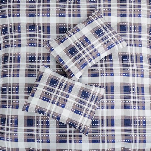 Image of Modern Threads 5-Piece Printed Comforter Set Deagan - Blue & Tan Plaid Bedding with Decorative Pillows & Shams, Soft All Season Bed Set, King