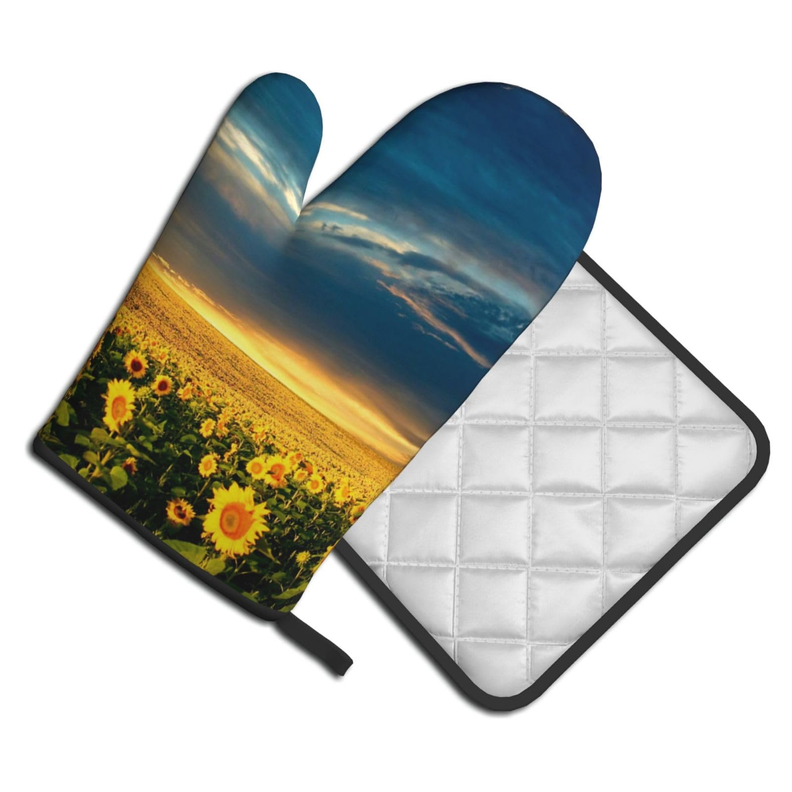 Oven Mitts and Pot Holders Set of 2 Pcs, Sunflower Field Printed Heat Resistant Kitchen Gloves Potholders for Cooking Baking Grilling
