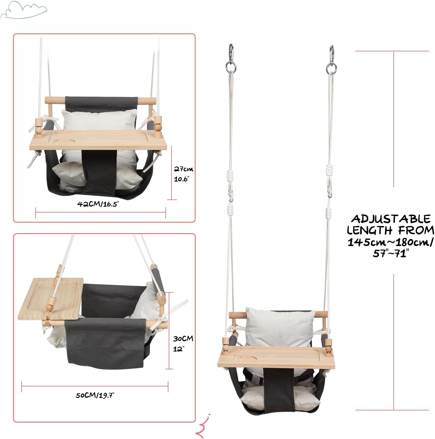KINSPORY Toddler Swing with Soft Cushion, Safety Buckle & Detachable Tray, Adjustable 57~71'' Canvas Baby Swing, High Back Infant Seat for Children' Room, Backyard, Playground Set (Grey)
