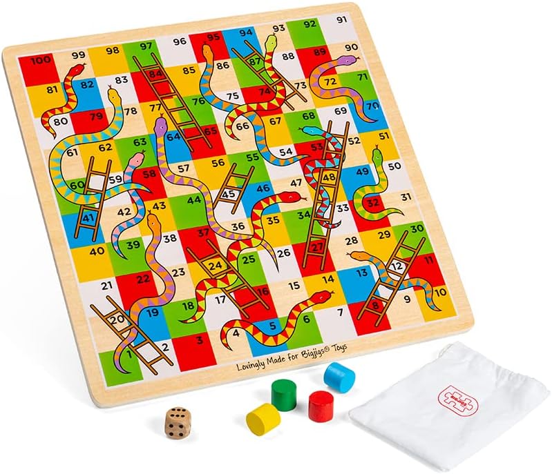 Bigjigs Toys Traditional Snakes and Ladders Game | 4 Player Wooden Board With Counters & Dice | Family Toy for Kids & Adults | Educational Tool for 3+ Year Old Children | Classic