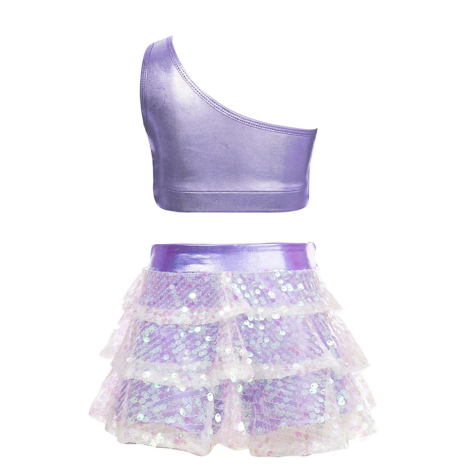 Traje de baile de lentejuelas de dos piezas para niñas, elástico, ajuste cómodo, falda y top para fiesta de baile