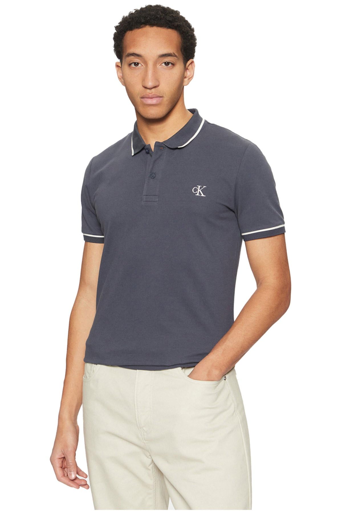 Calvin Klein Men’s Tipping Slim Fit Short Sleeve Polo Shirt with Stretch, Blue (India Ink), XXL