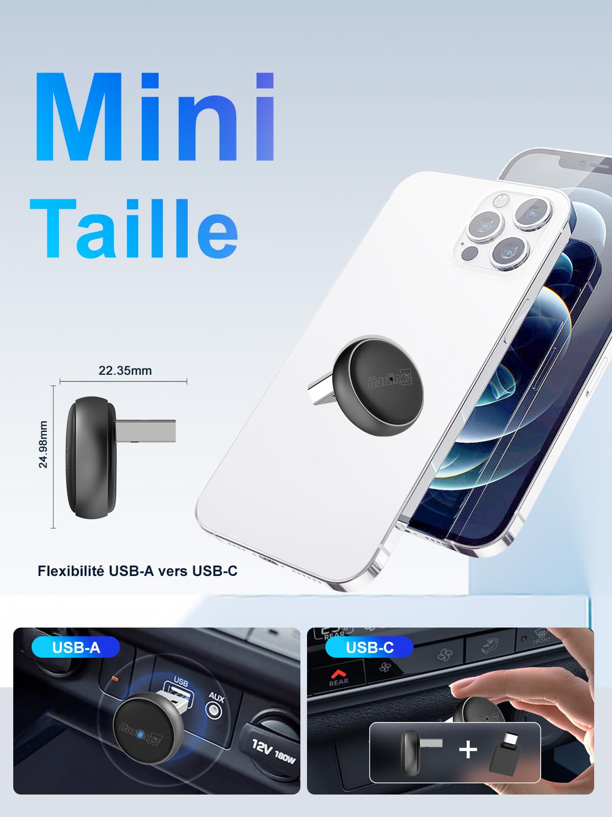 Adaptateur sans Fil Carlinkit Mini Ultra pour CarPlay&Android Auto, Conversion du CarPlay/Android Auto Filaire d’Origine en sans Fil, Connexion Rapide, dongle CarPlay Plug&Play, Mise à Jour OTA