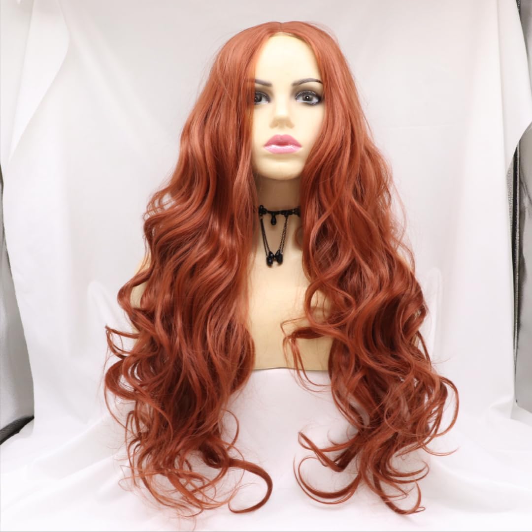 Orange Red Long Curly Wig Big Wave Lace Front Wigs Synthetic Front Lace Wigs Heat Resistant Hair with Baby Hair for Women, 26 Inch