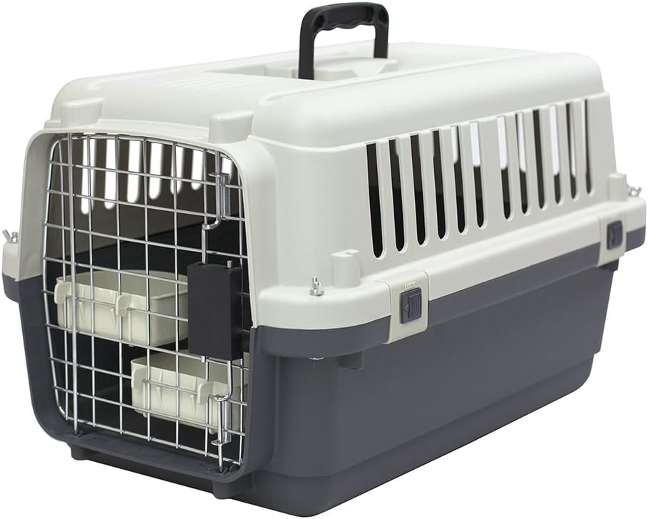 SportPet Airline Compliant SMALL 24" Travel Dog Kennel - Durable Plastic Airline Pet Carrier (No Wheels) & Food Bowls, Collapsible Indoor/Outdoor Dog Kennel, Dogs up to 21"L & 13"H - Cream/Gray