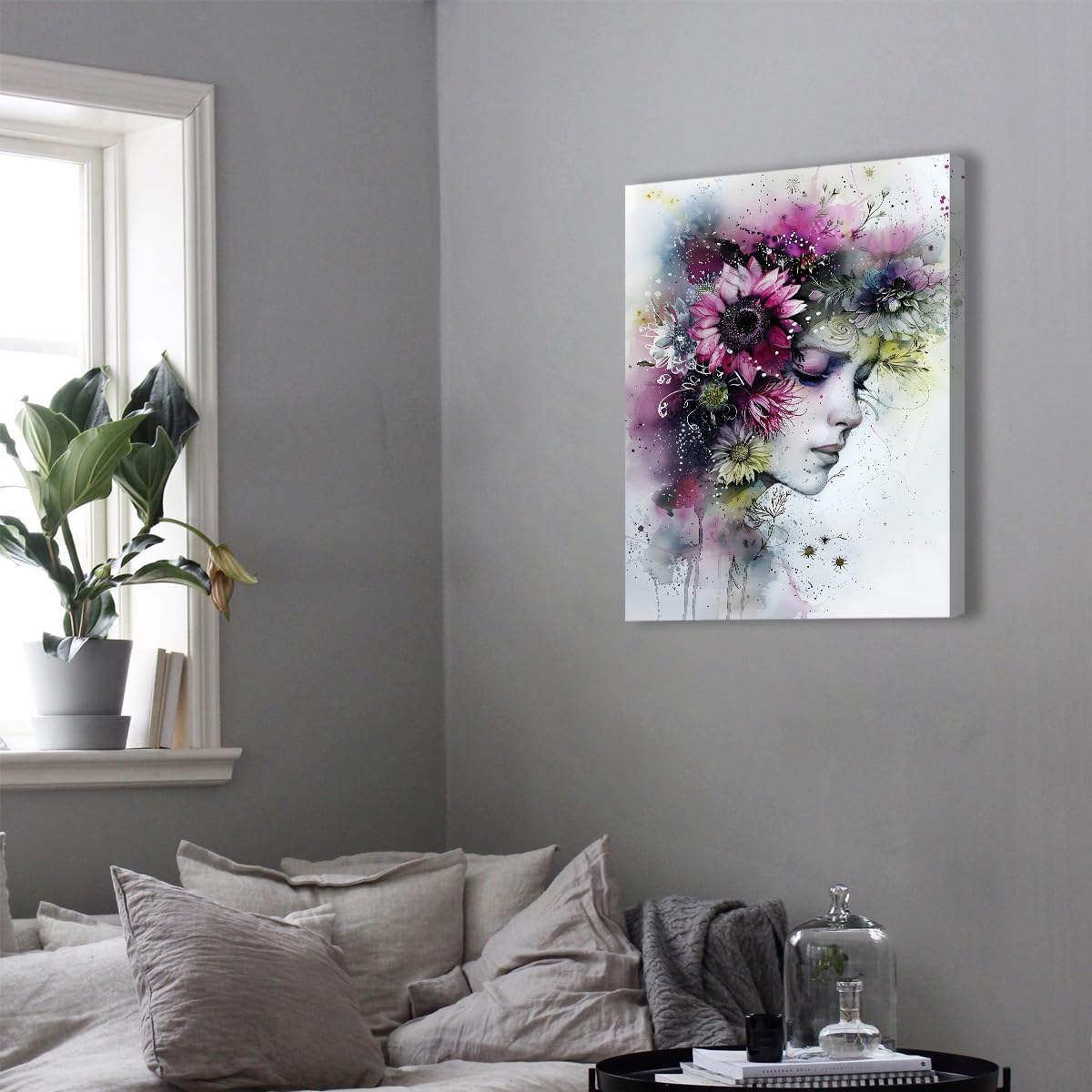 Chica vintage con flores impresión sobre lienzo para pared 87x118cm
