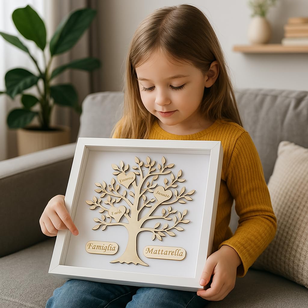 Stileitaliano Quadro Personalizzato Albero della Vita in Legno con Cornice, Regalo Famiglia con Nomi Incisi, Decorazione da Parete o Tavolo, Bianco