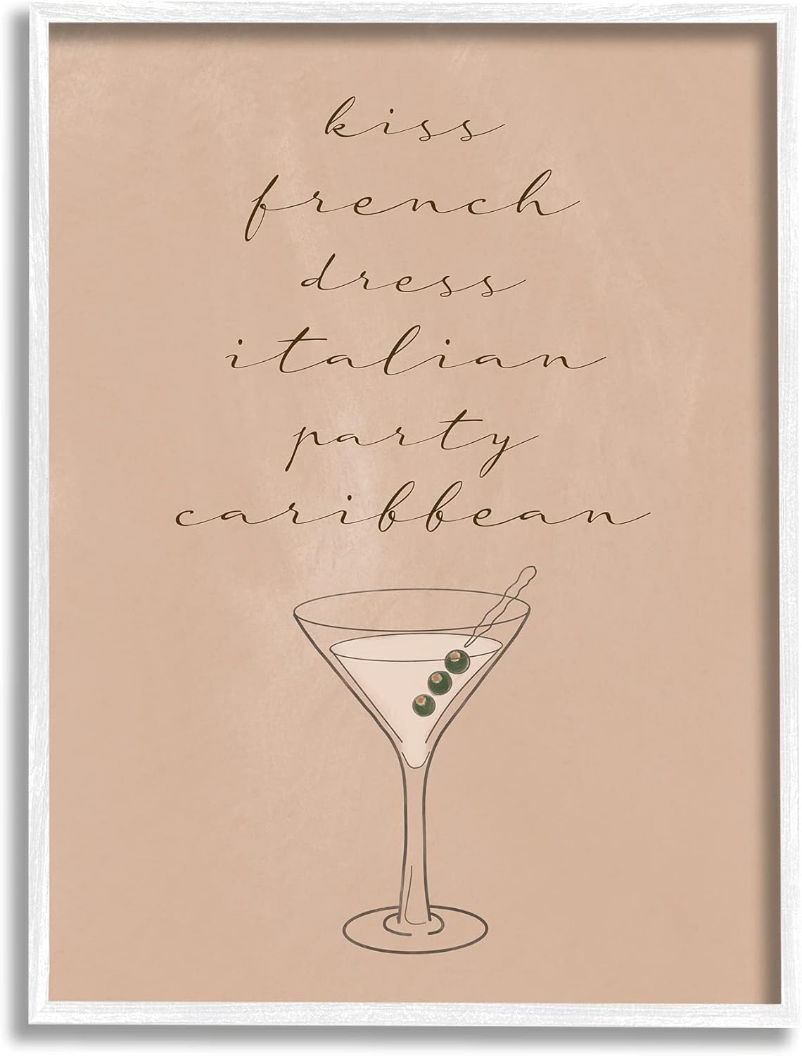 Stupell Industries Kiss French Dress Italian Party Caribbean Martini Glass, Designed by Birch&Ink White Framed Wall Art, 16 x 20, Beige